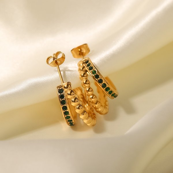 Versatile C- Shaped Double-layer Golden Balls Inlaid Lvzuan Earrings