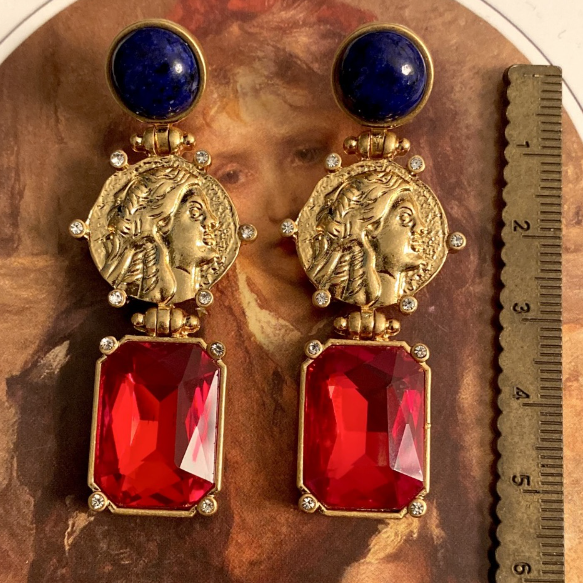 Natural Lapis Lazuli Old Bronze Relief Middle Ancient Earrings