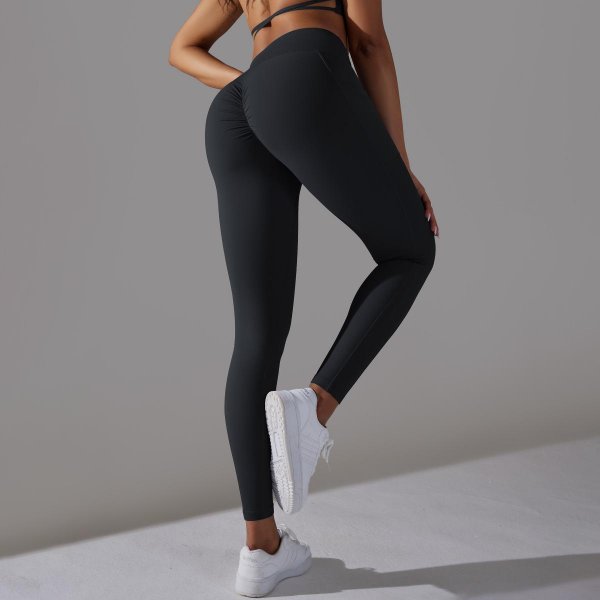 Nude Feel Skin-friendly Cross Waist Pocket Stretch Fitness Sports Ninth Pants